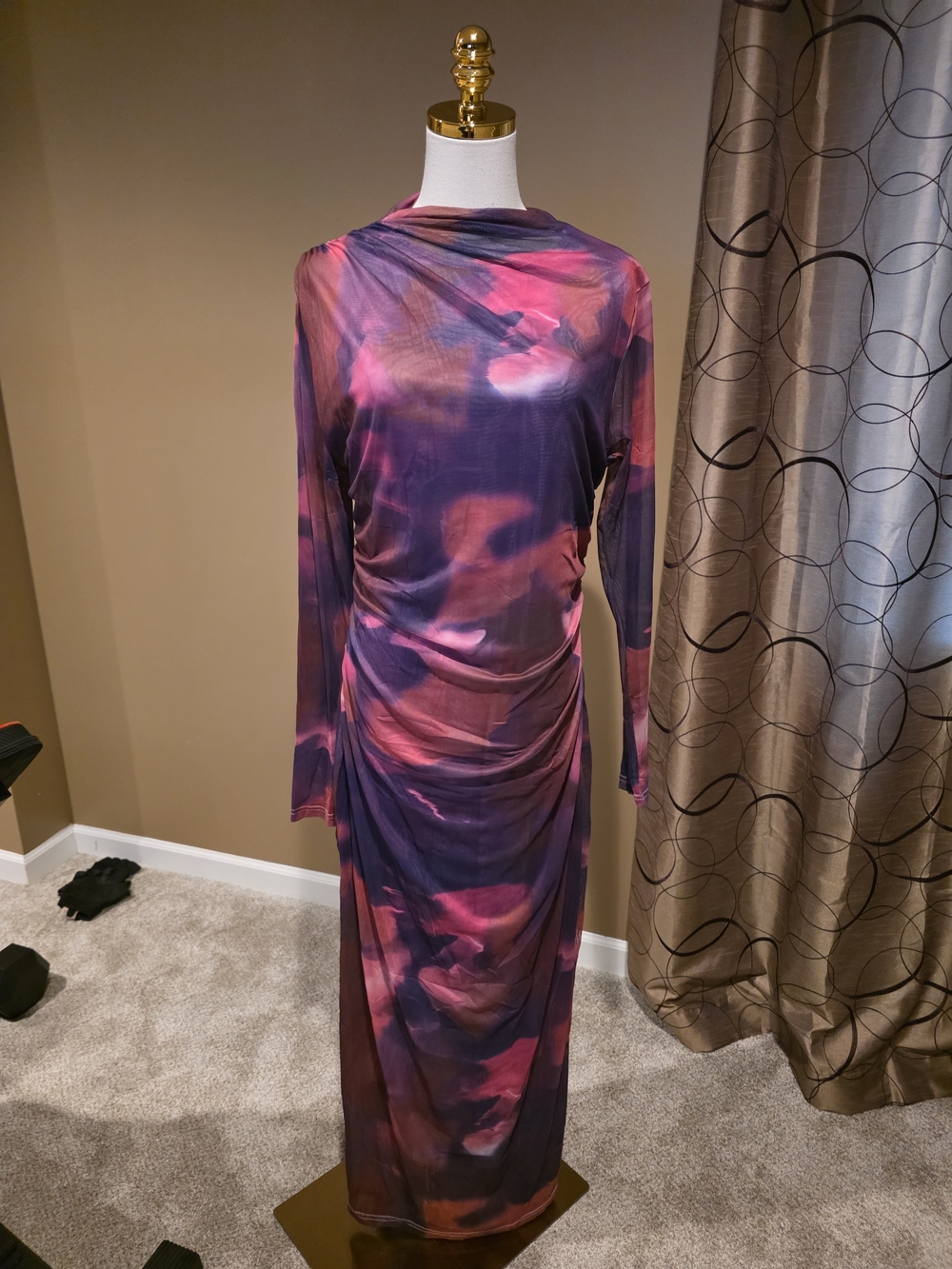 Draped Long-Sleeve Maxi Dress in Purple and Pink Tie-Dye